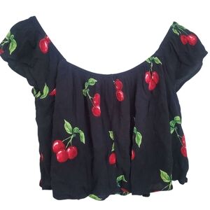 Forever 21 Womens Black Crop Top Cherries Size M Scoop Neck Peasant Coquette Y2K